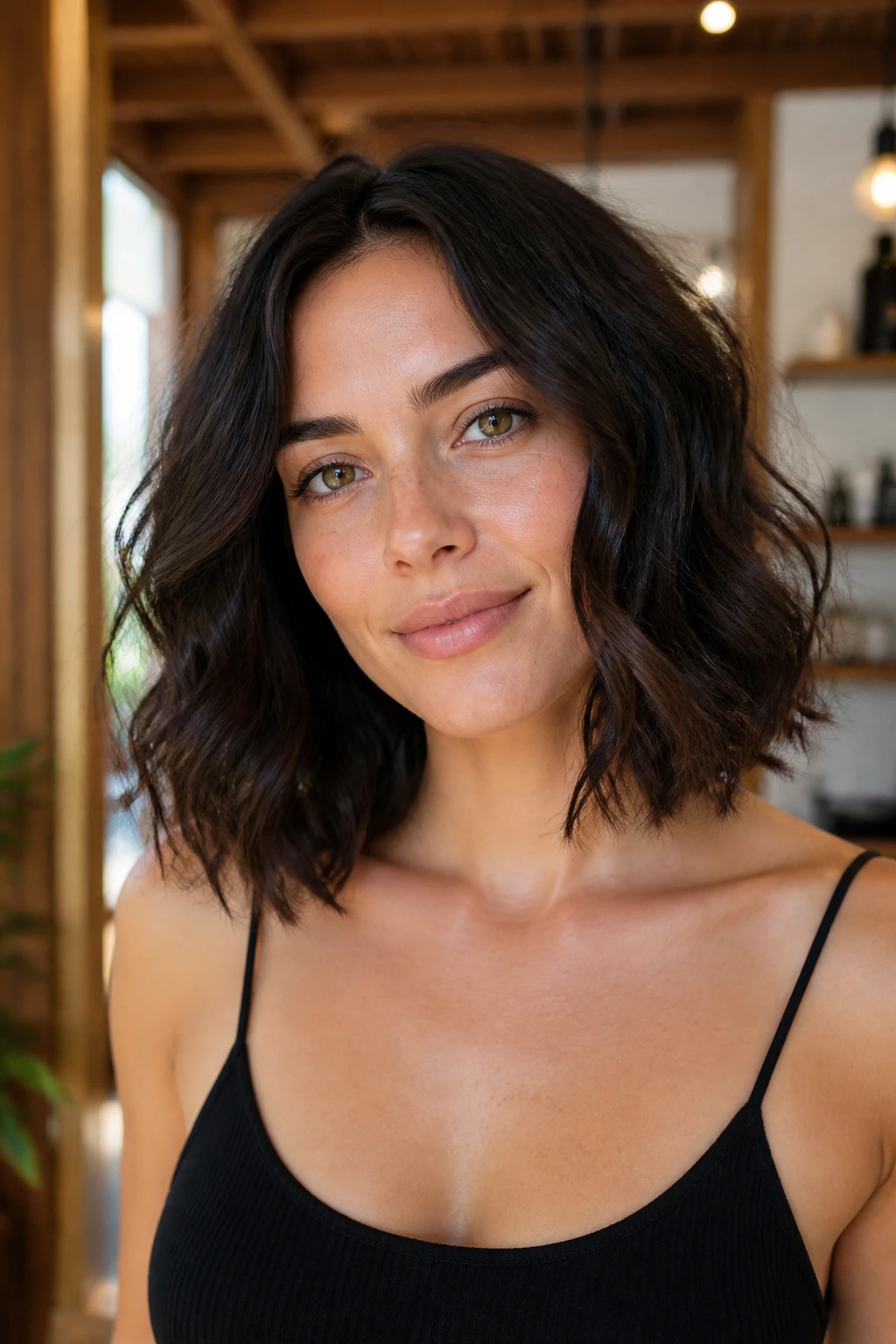 Close-up of a real woman with collarbone-length wavy lob