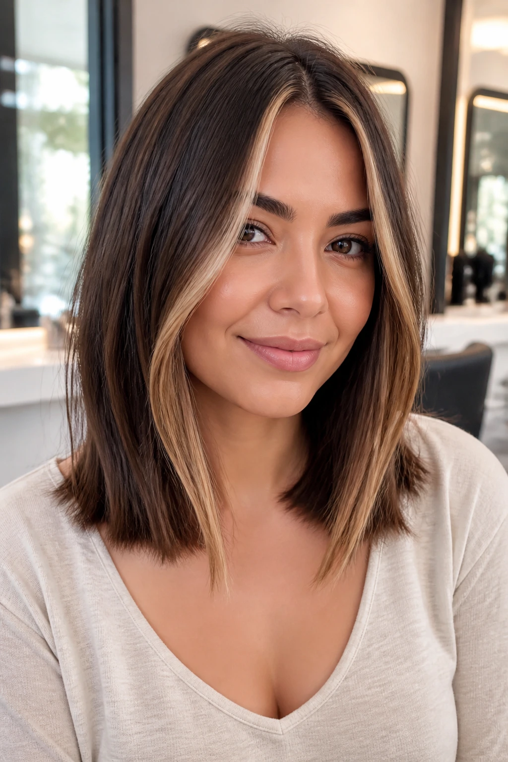 Woman in salon chair showing collarbone-length lob and soft face framing