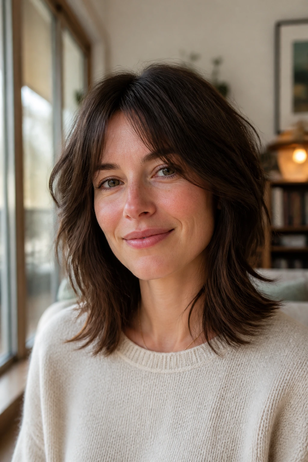 Real woman with collarbone-length long shag and soft face-framing pieces