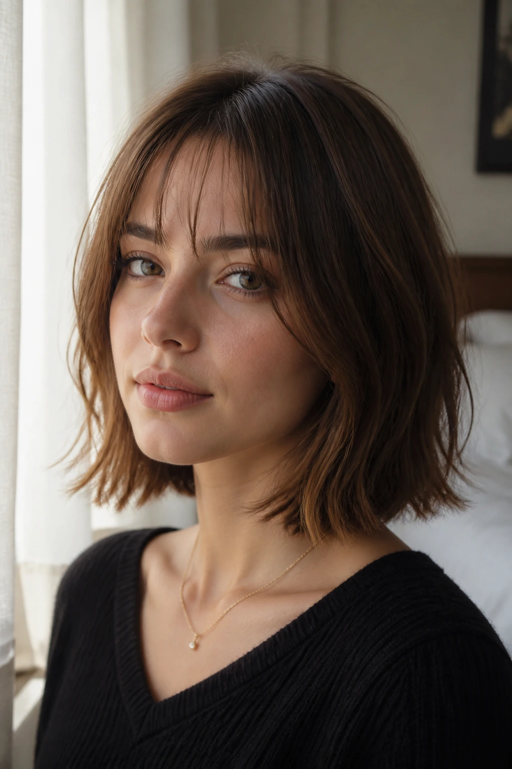Close-up portrait showing collarbone-length haircut maintaining shape between trims