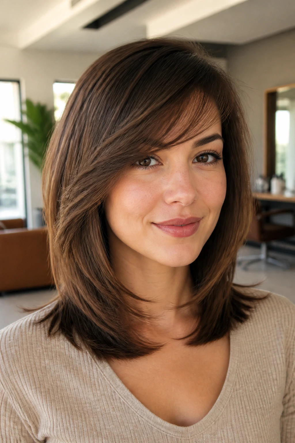 Close-up of a real woman with collarbone-length swoop and side fringe