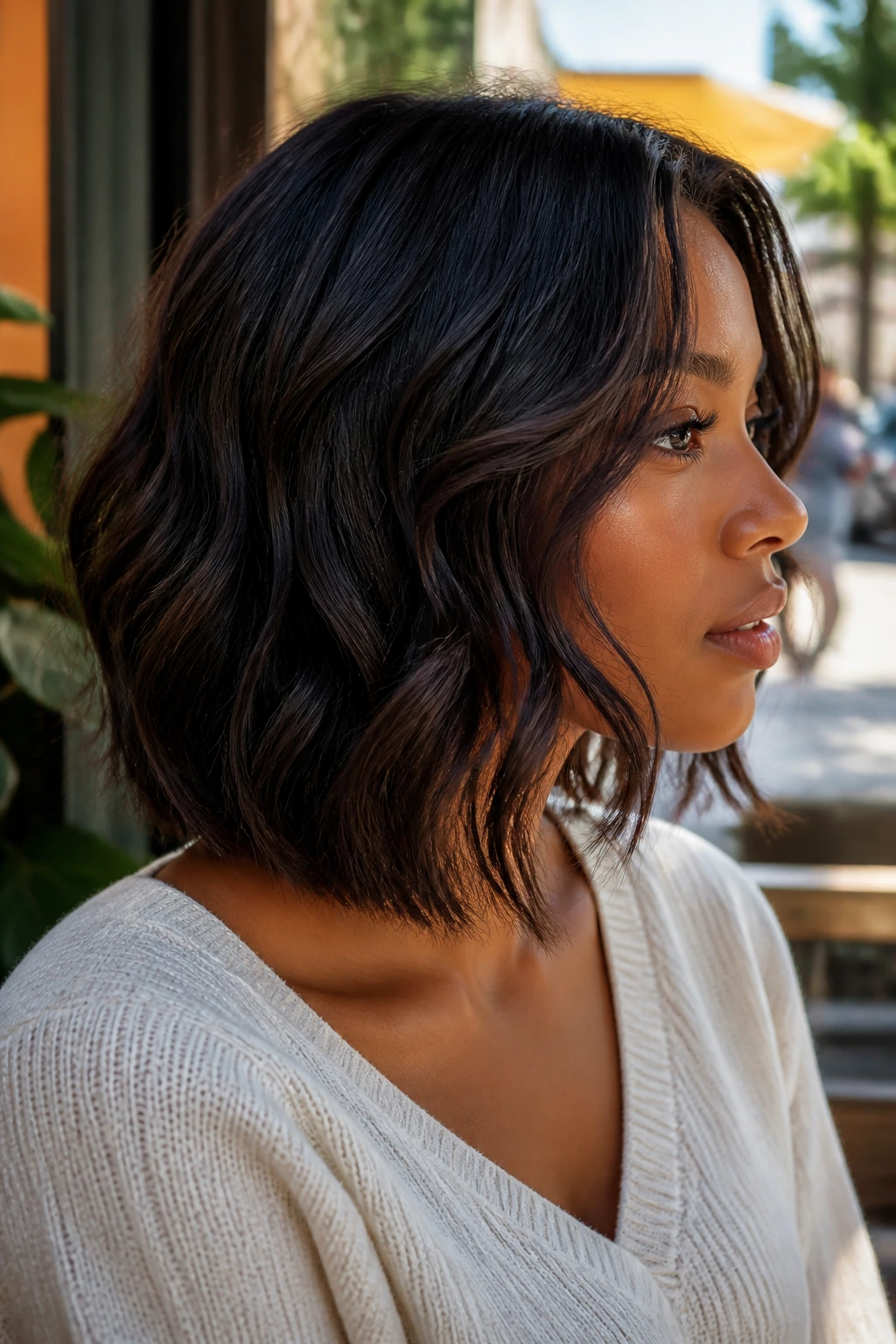 Profile of a real woman with collarbone-length tousled lob.