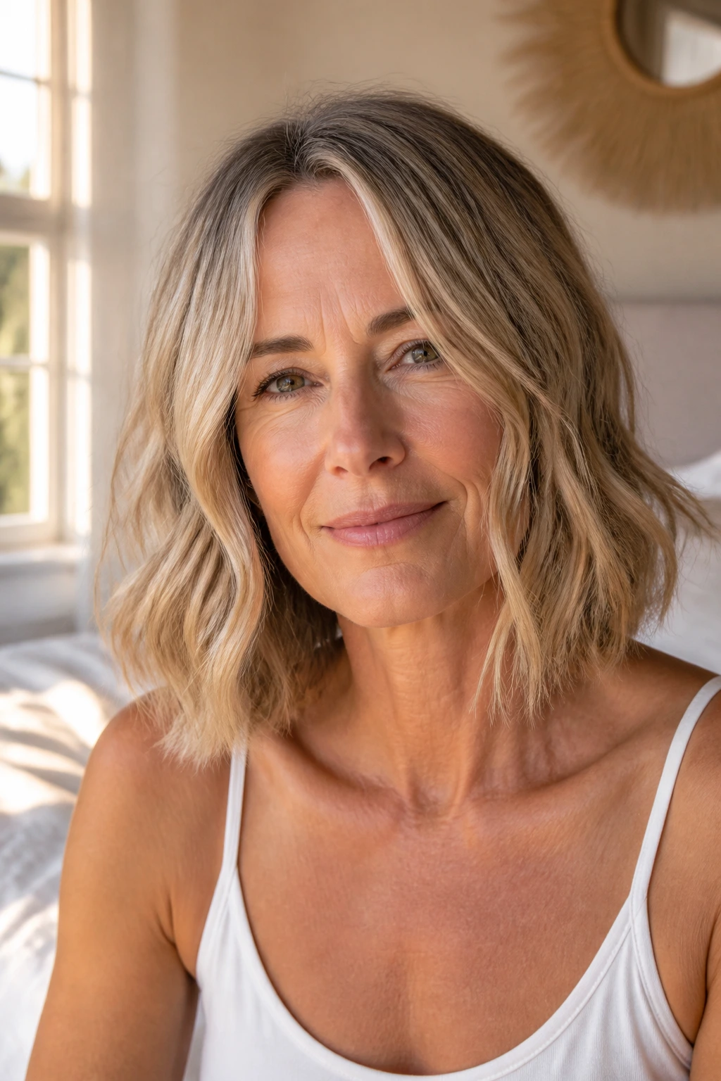 Real woman with wavy collarbone-length hair and natural part.