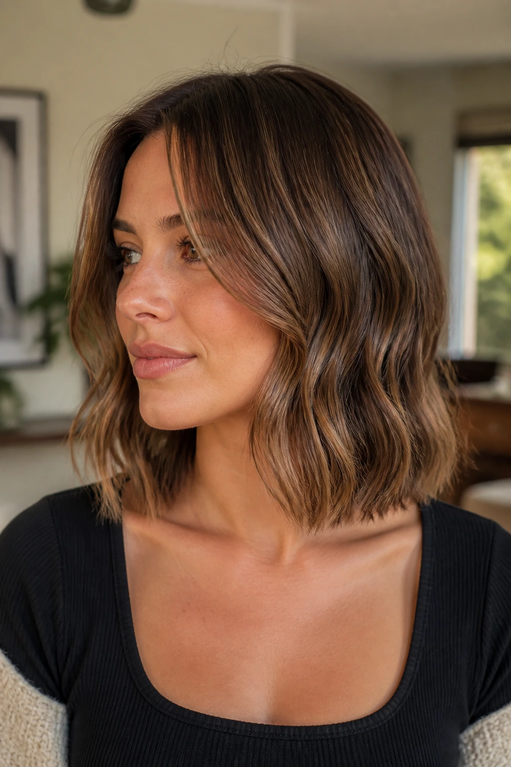 Portrait of a real woman with collarbone-length waves showing the collarbone line in warm light