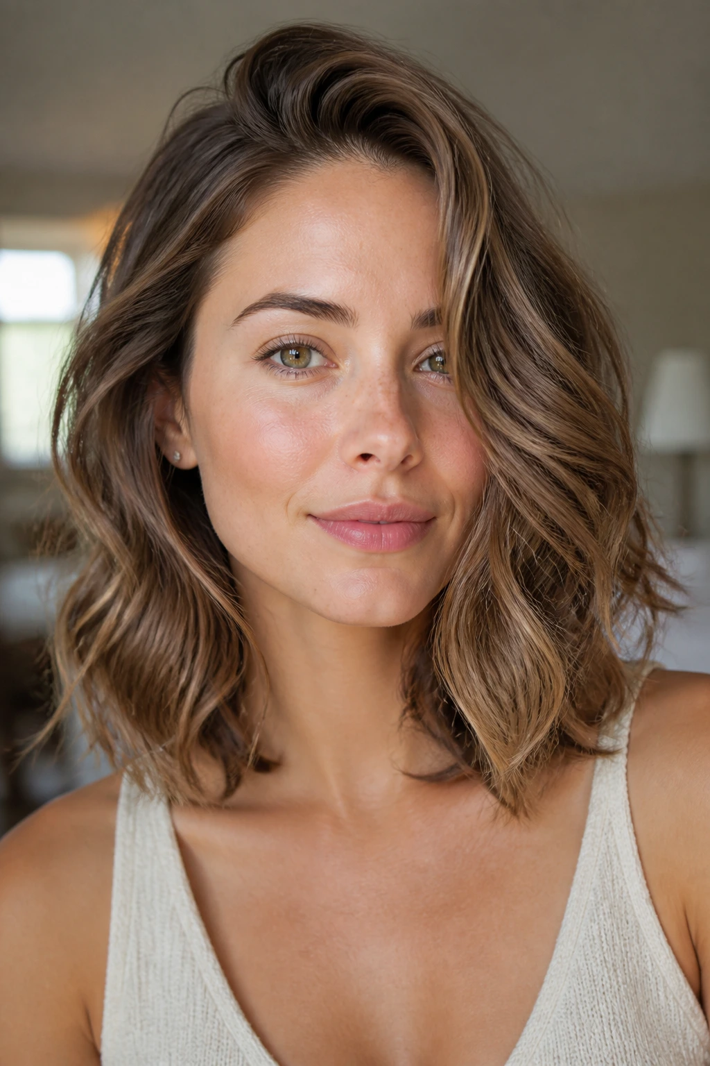 Portrait of a real person with a deep side part and collarbone-length waves.