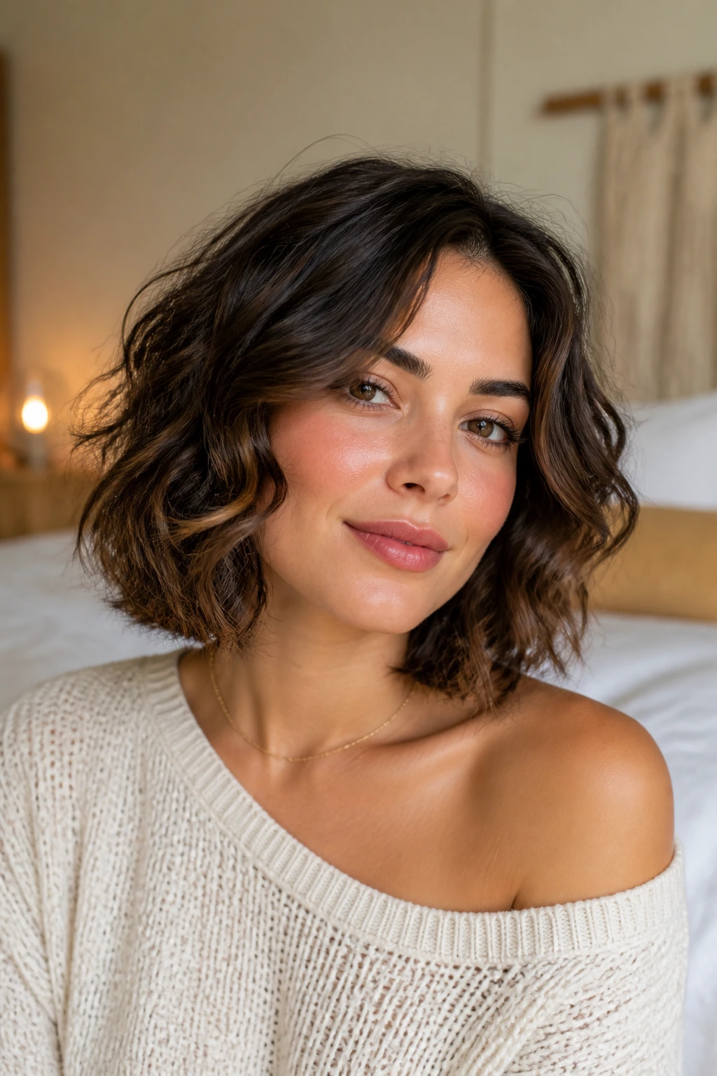 Close-up of a real woman with collarbone-length wavy crop showing broken layers