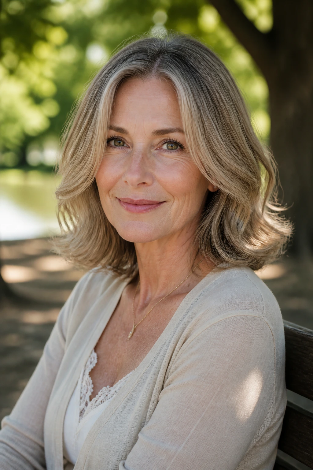 Close-up portrait of a real woman with wavy collarbone-length hair and a flip at the ends
