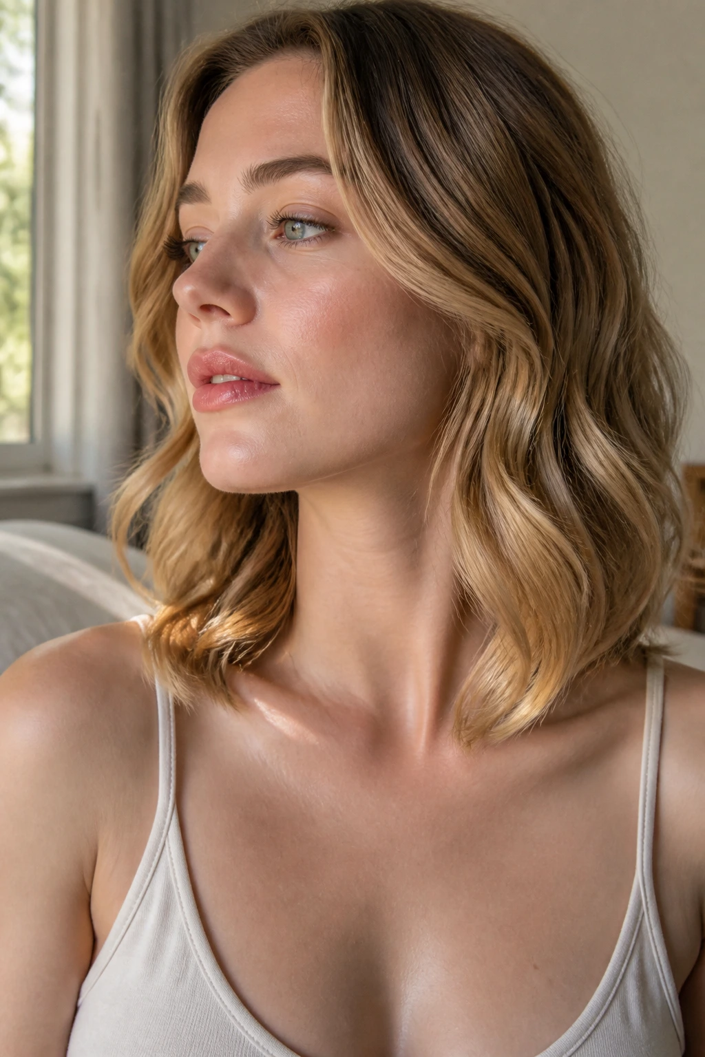 Close-up of a real woman's collarbone with wave lighting highlighting collarbone curve