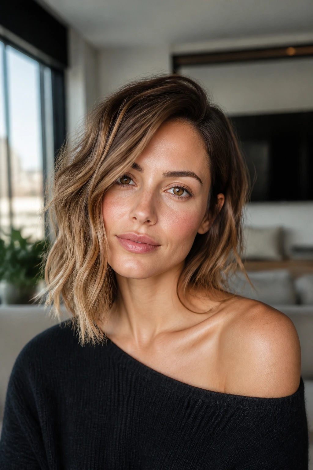 Real woman with collarbone-length asymmetrical lob in a bright living room