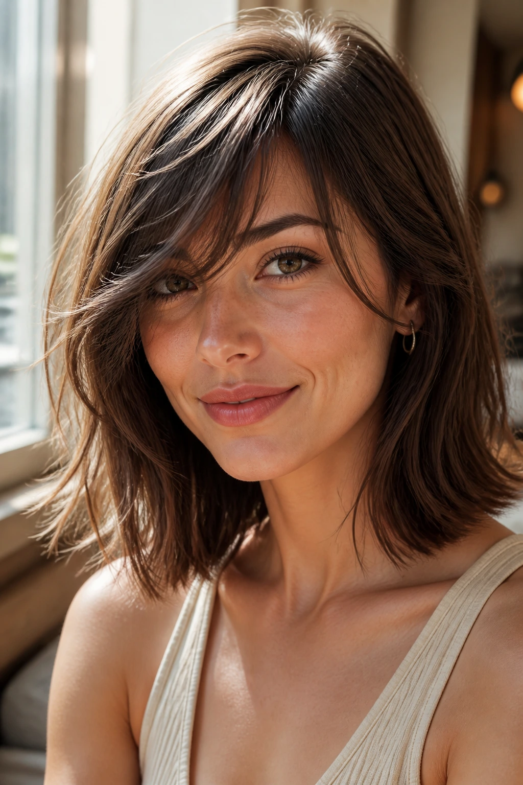 Real woman with collarbone-length lob and airy fringe in sunlit room.