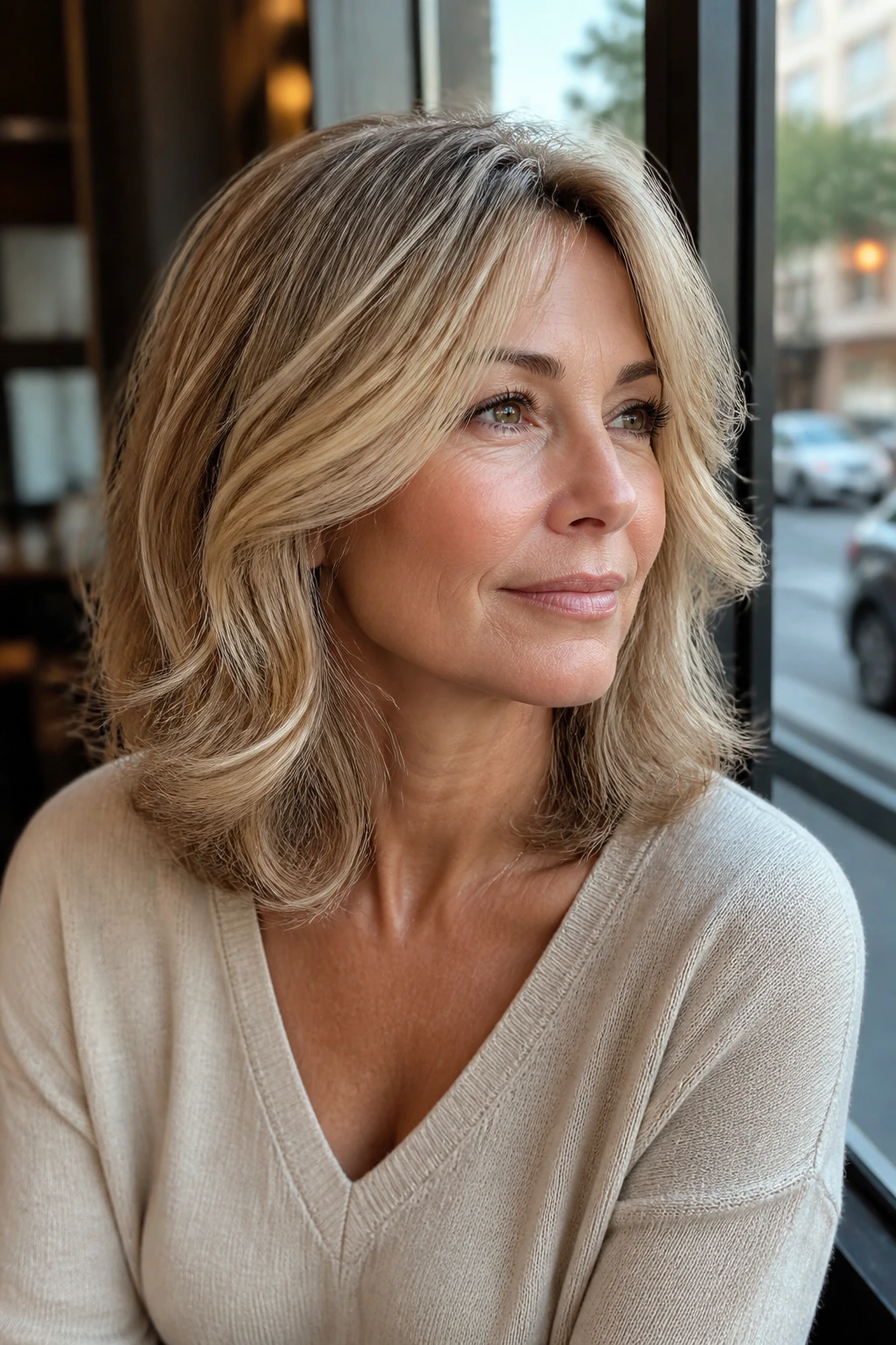 Close-up of a real woman with collarbone-length lob and airy layers