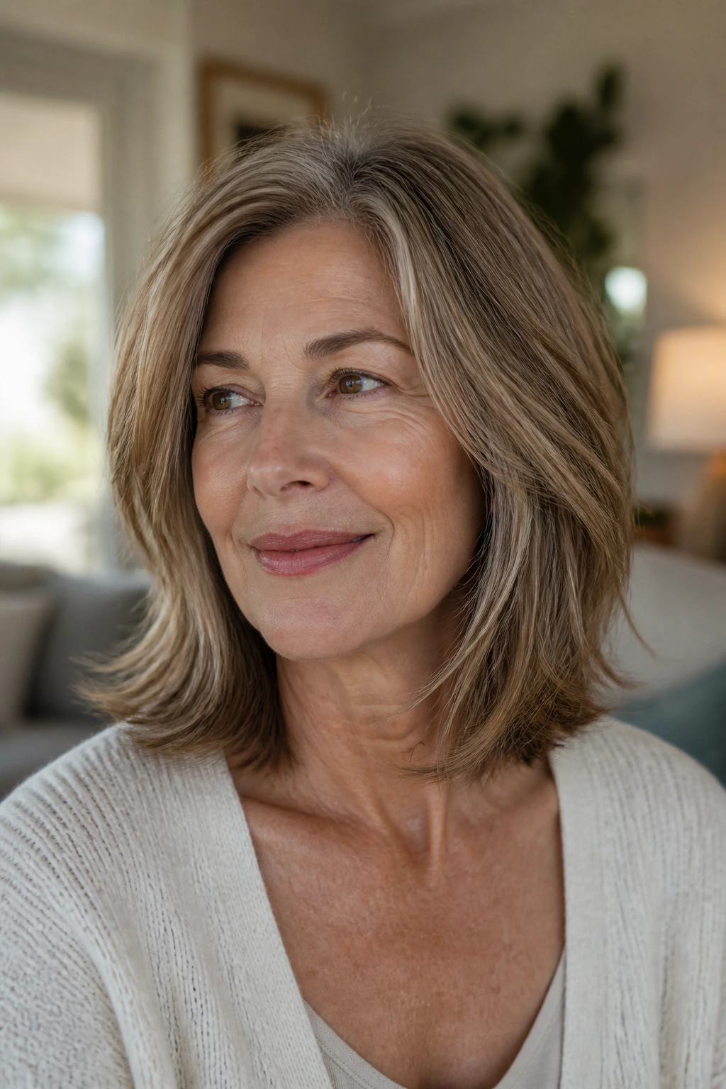 Close-up of a real woman with a collarbone-length lob, airy layers.