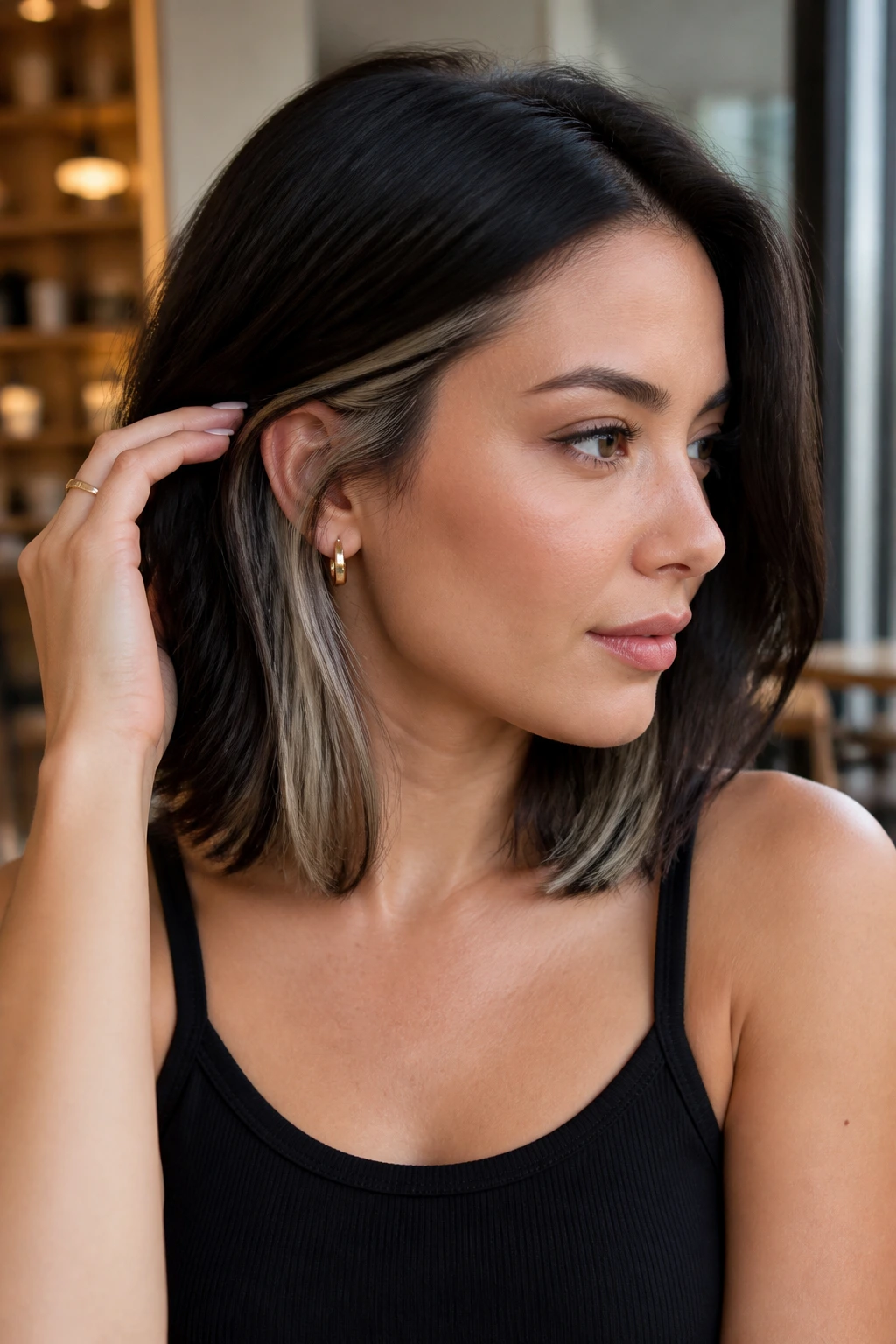 Close-up of collarbone-length lob with ash-beige peekaboo strips revealed behind the ear