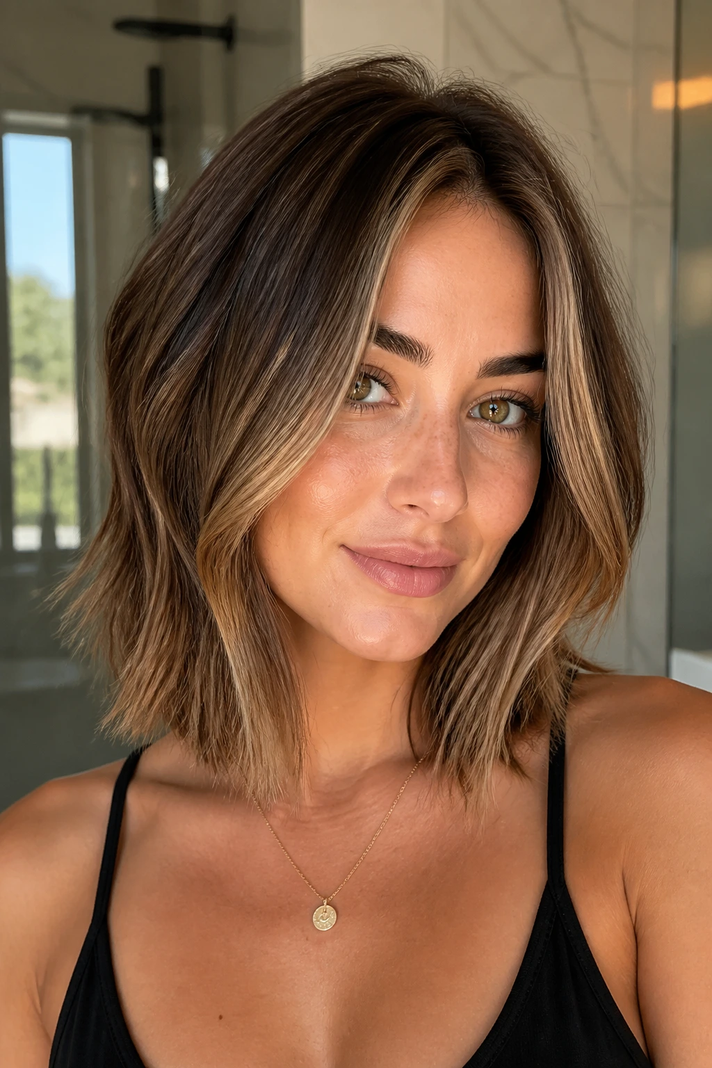 Close-up of a real person with collarbone-length layered lob and soft babylights
