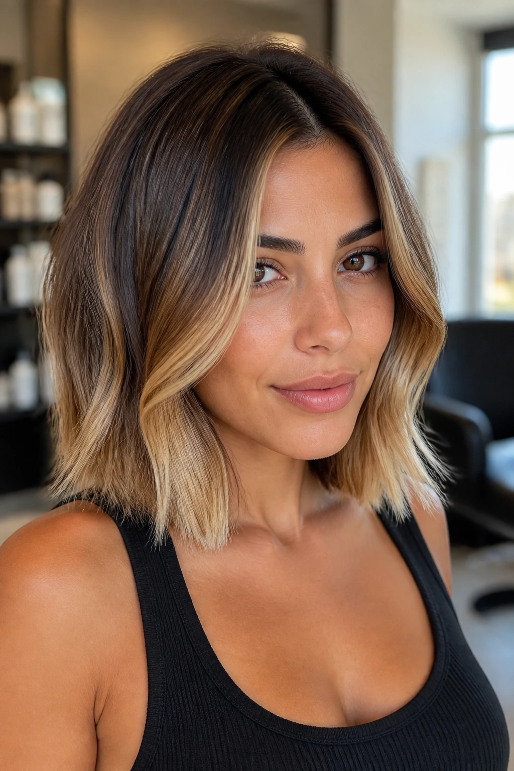 Collarbone-length lob with beige-gold balayage on olive skin