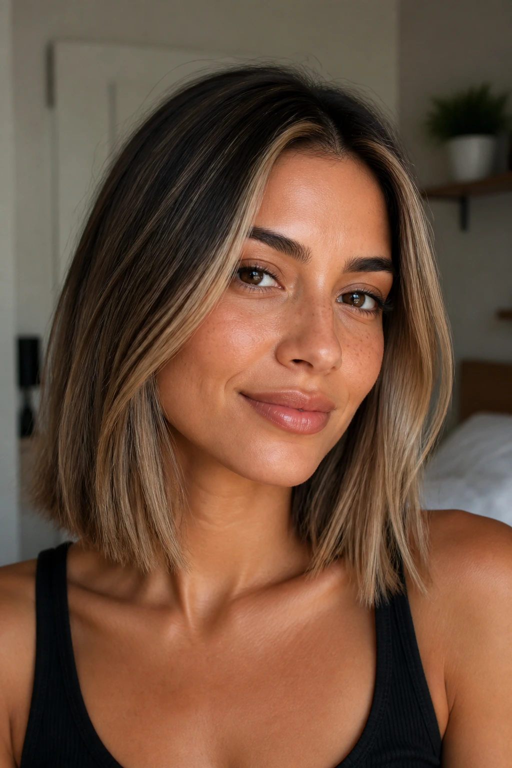 Close-up of collarbone-length lob with beige babylights and root shadow on olive skin.