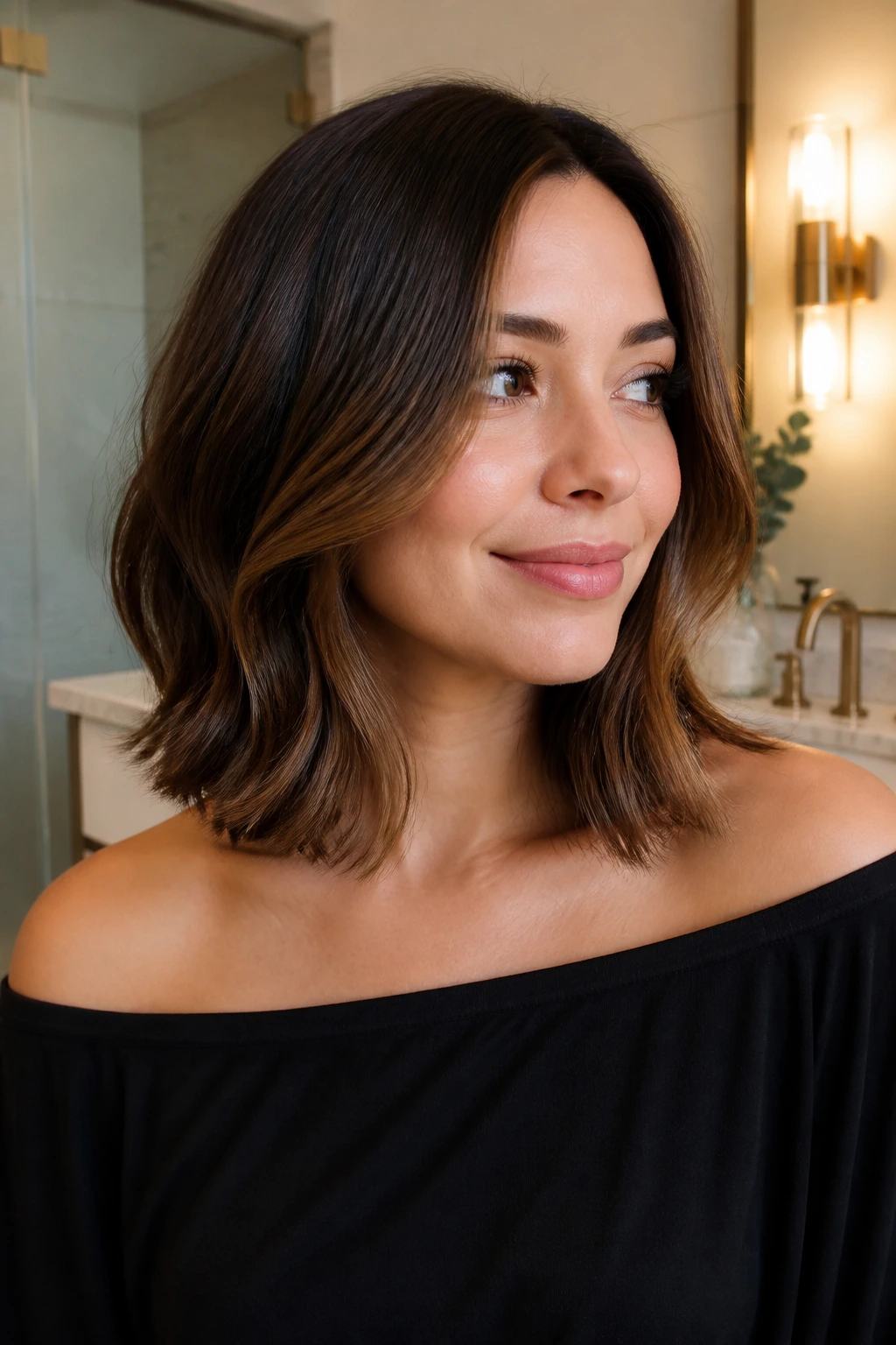 Brunette woman with collarbone-length lob and bent ends
