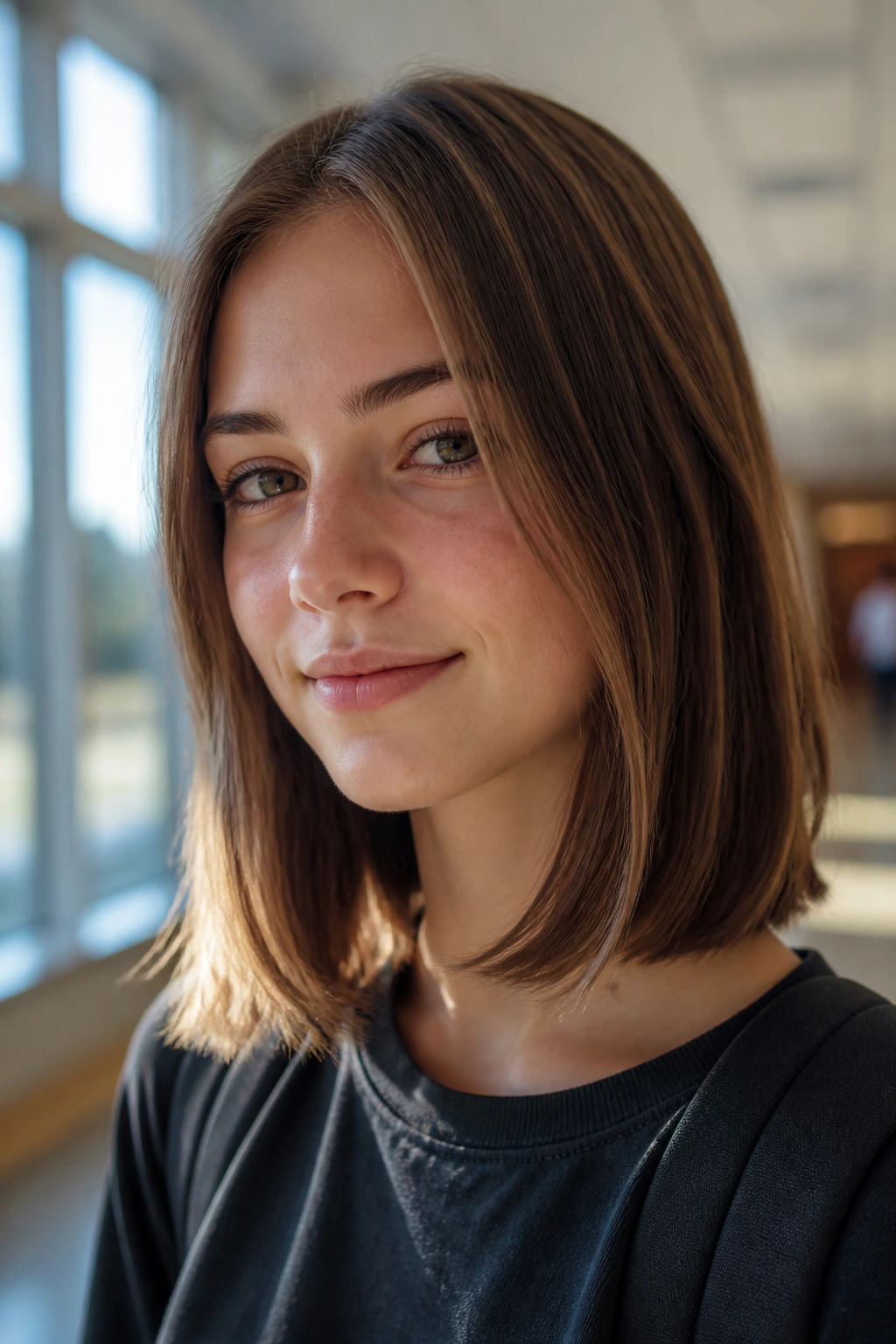 Student with collarbone length lob and soft bevel in a school corridor