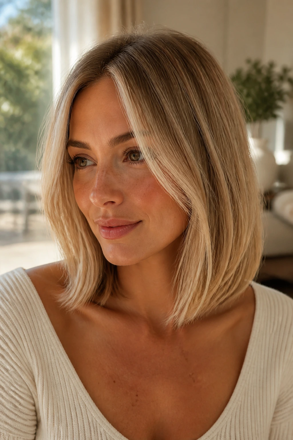 Portrait of a woman with collarbone-length blond lob and face-framing pieces.