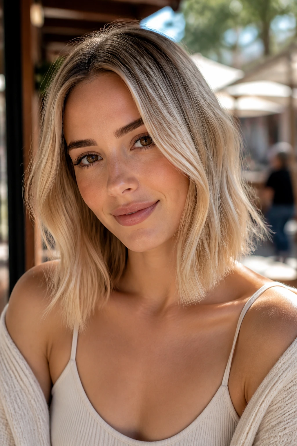 Portrait of a person with a collarbone-length lob in champagne blonde.