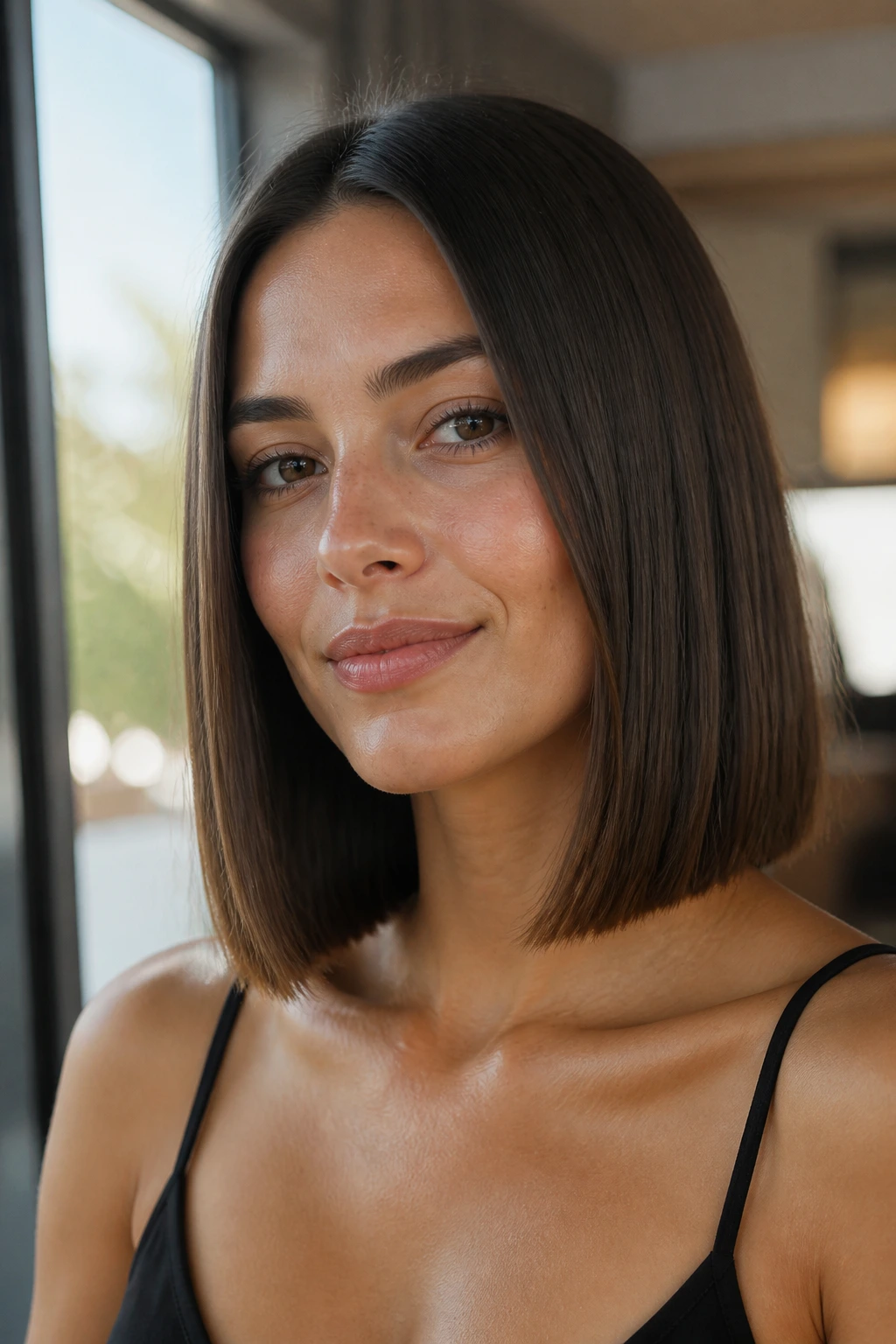 Collarbone-length blunt lob on a real person with subtle end bend