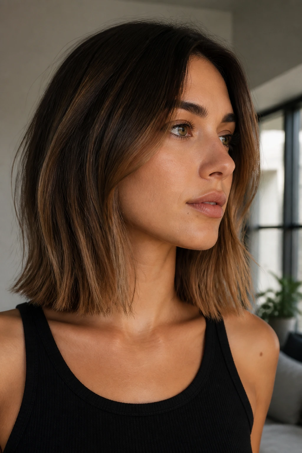 Portrait of a real person with a collarbone-length lob and blunt ends, natural light