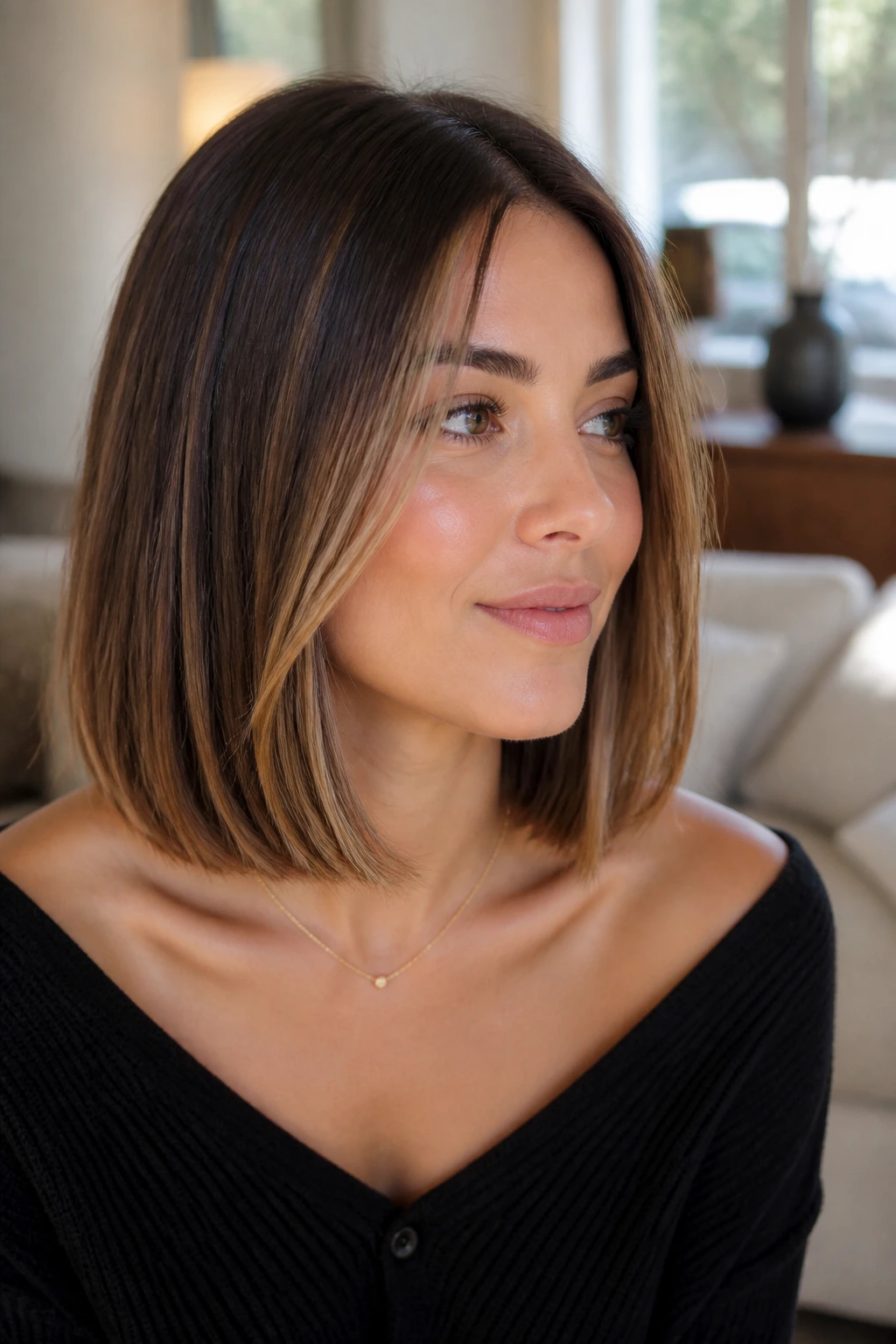 Close-up of a real woman with blunt collarbone-length lob and caramel ribbons