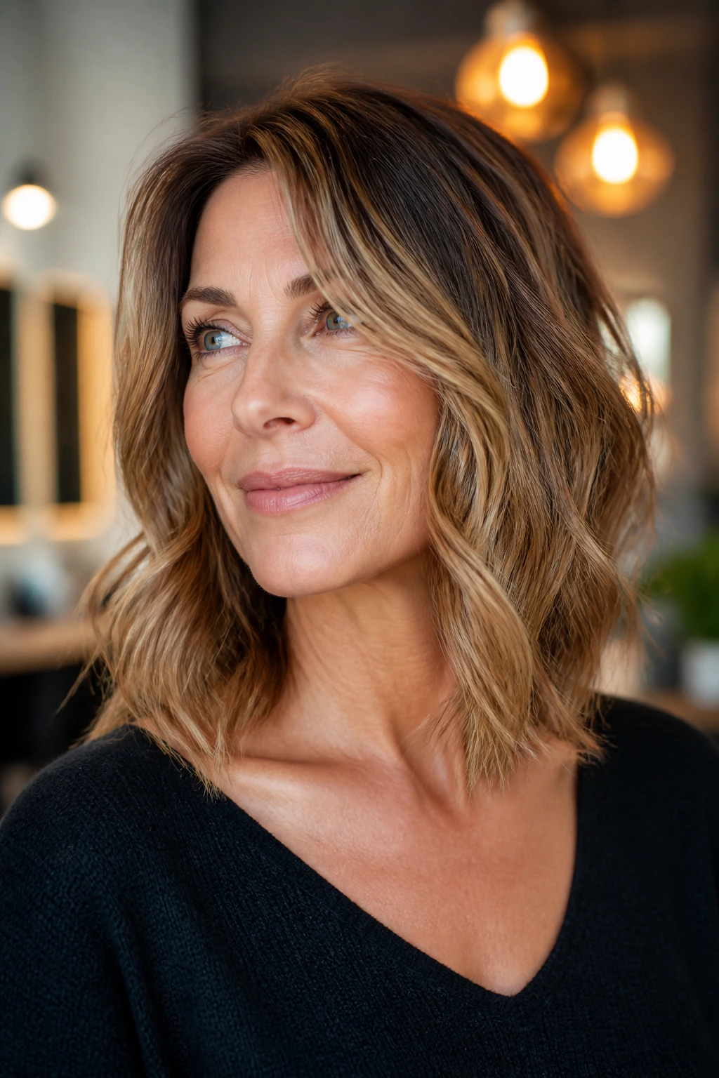 Close-up of a collarbone-length lob with soft ends and caramel highlights framing the face