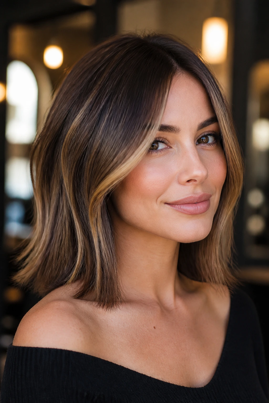Close-up of a real woman with a collarbone-length lob and cheekbone ribbons