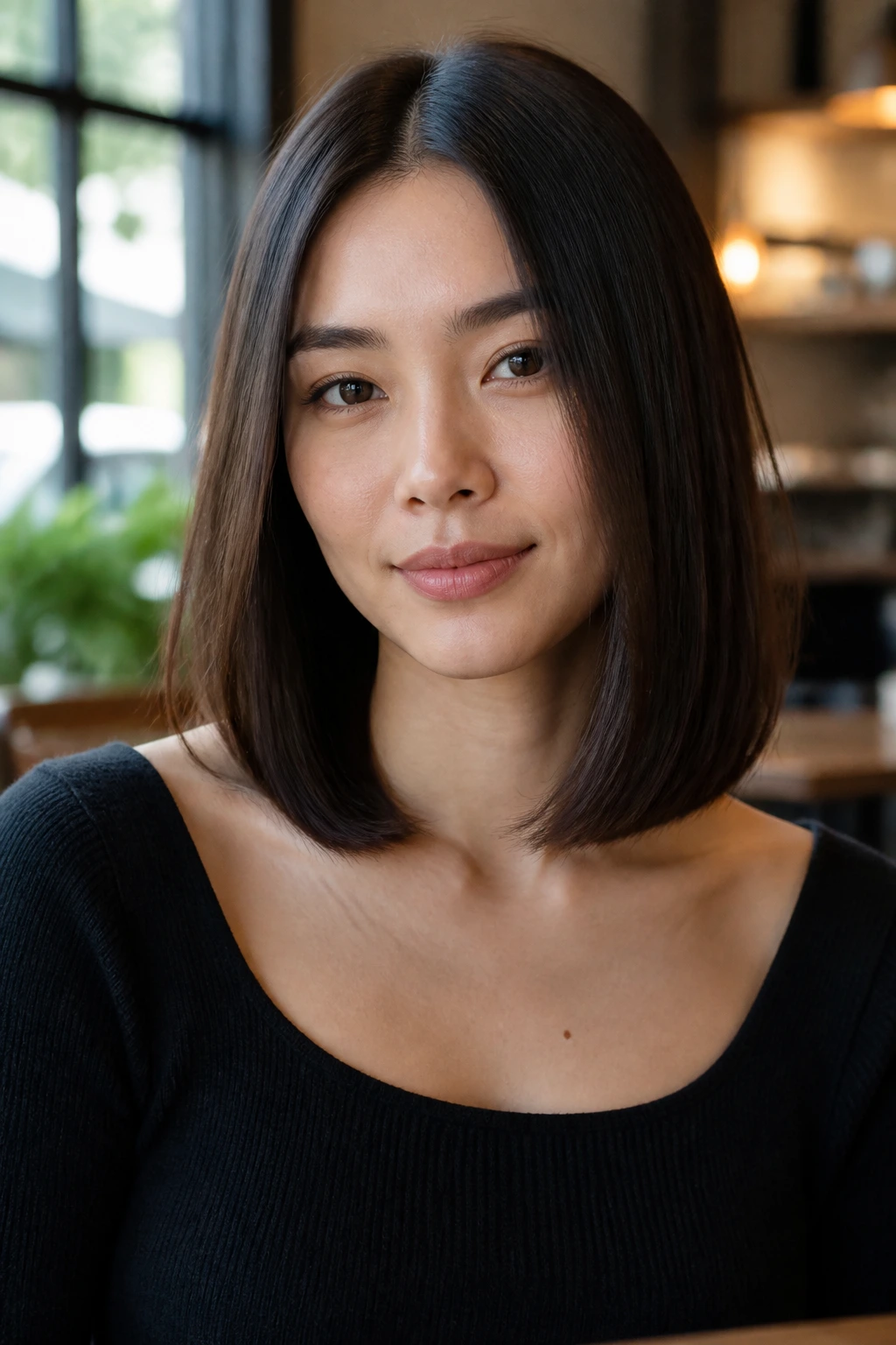 Close-up of a real woman with collarbone-length lob and a center part