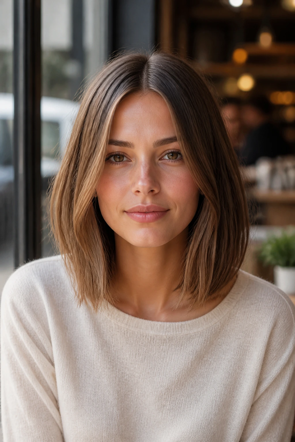 Portrait of a real woman with a collarbone-length lob and center part