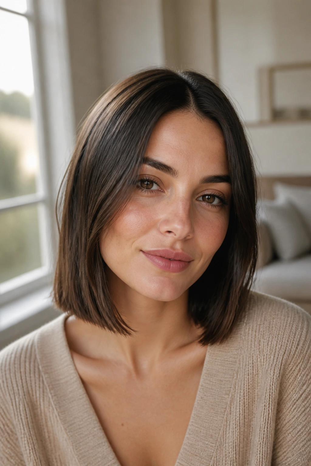 Close-up portrait of a real woman with a collarbone-length lob and center part