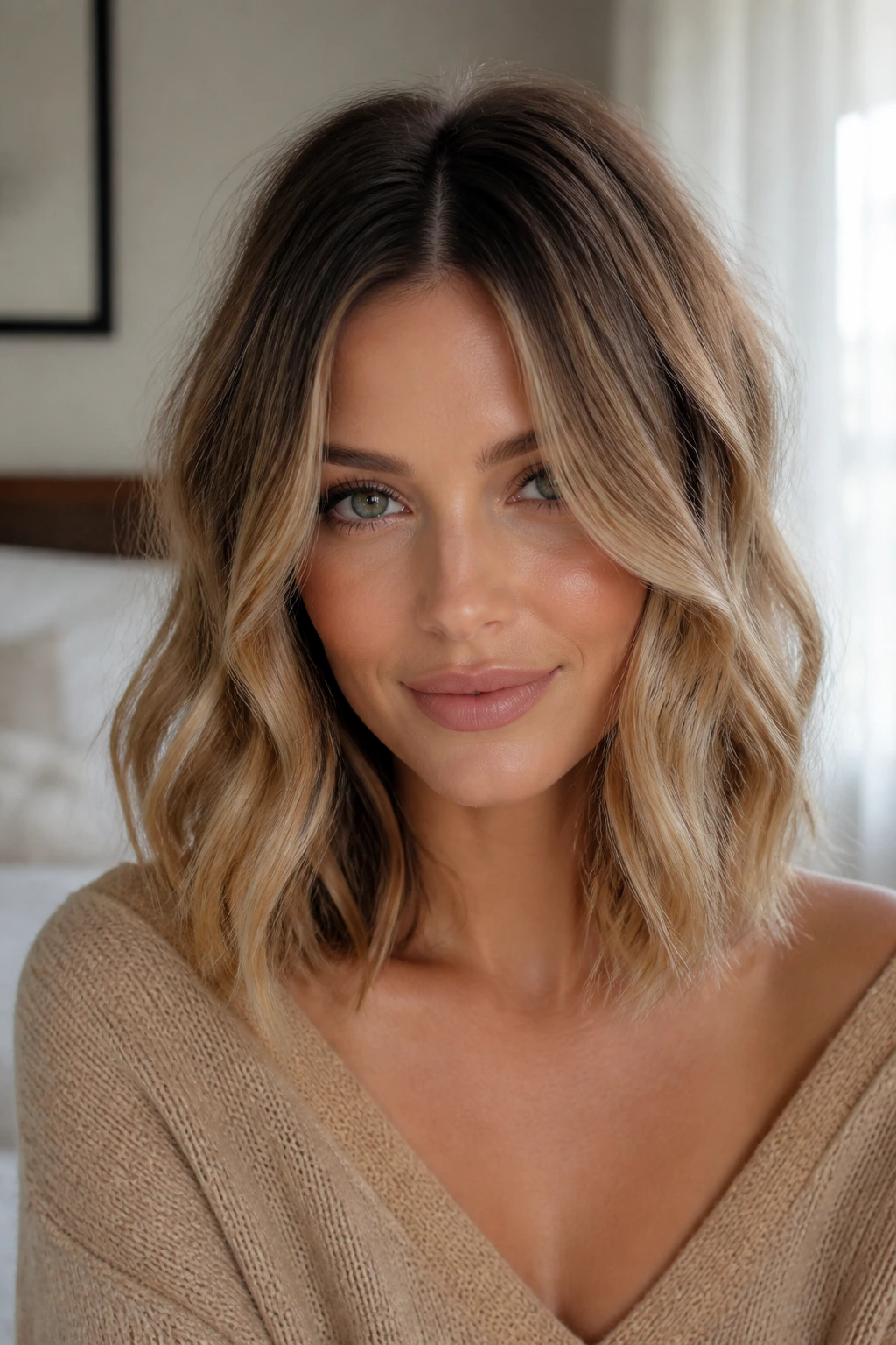 Close-up of collarbone-length lob with center-part waves on a real woman.