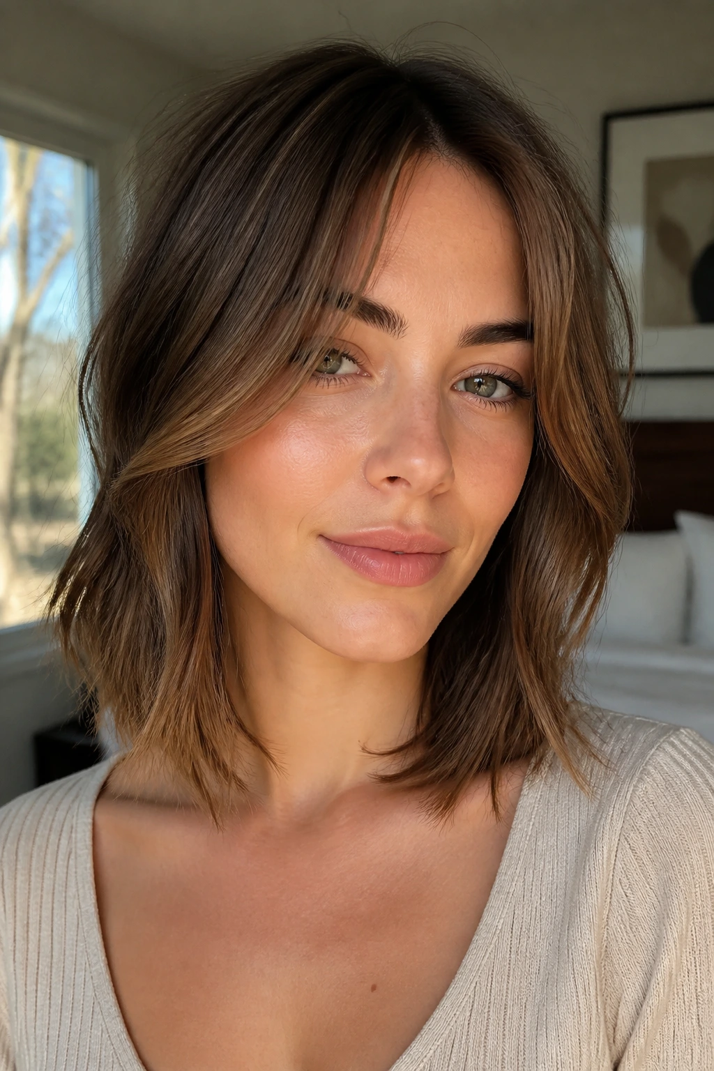 Close-up of a real woman with collarbone-length lob and cheekbone layers