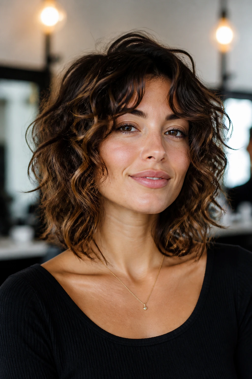 Close-up of a real woman with collarbone-length curly lob and cheekbone layers