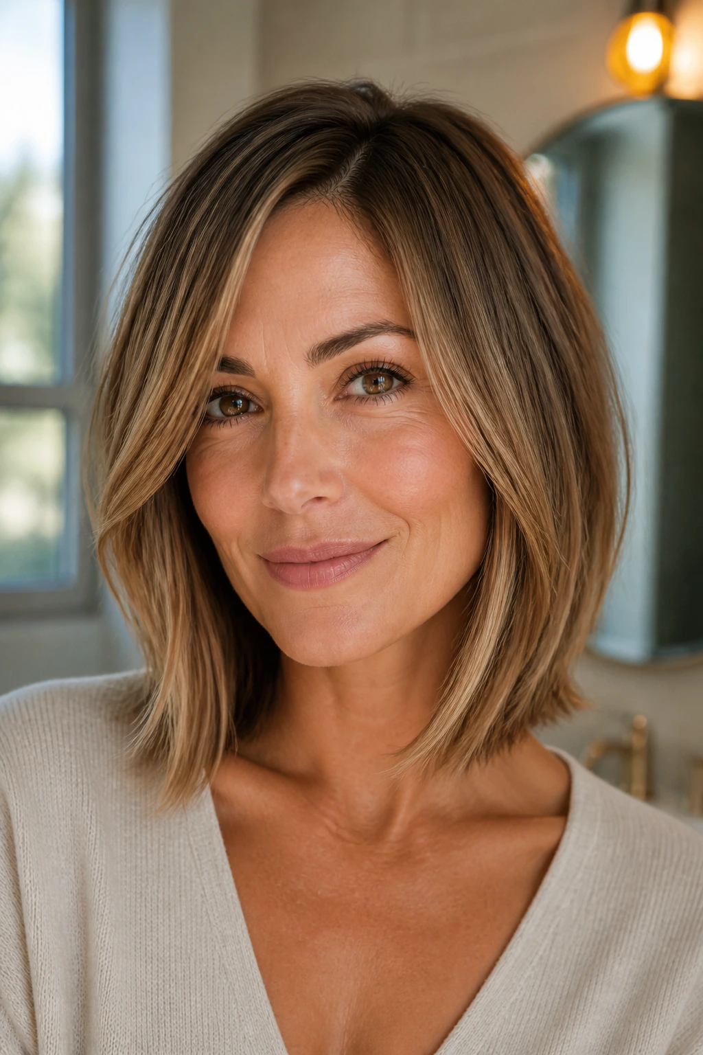 Close-up of real woman with collarbone blunt lob and cheekbone layers