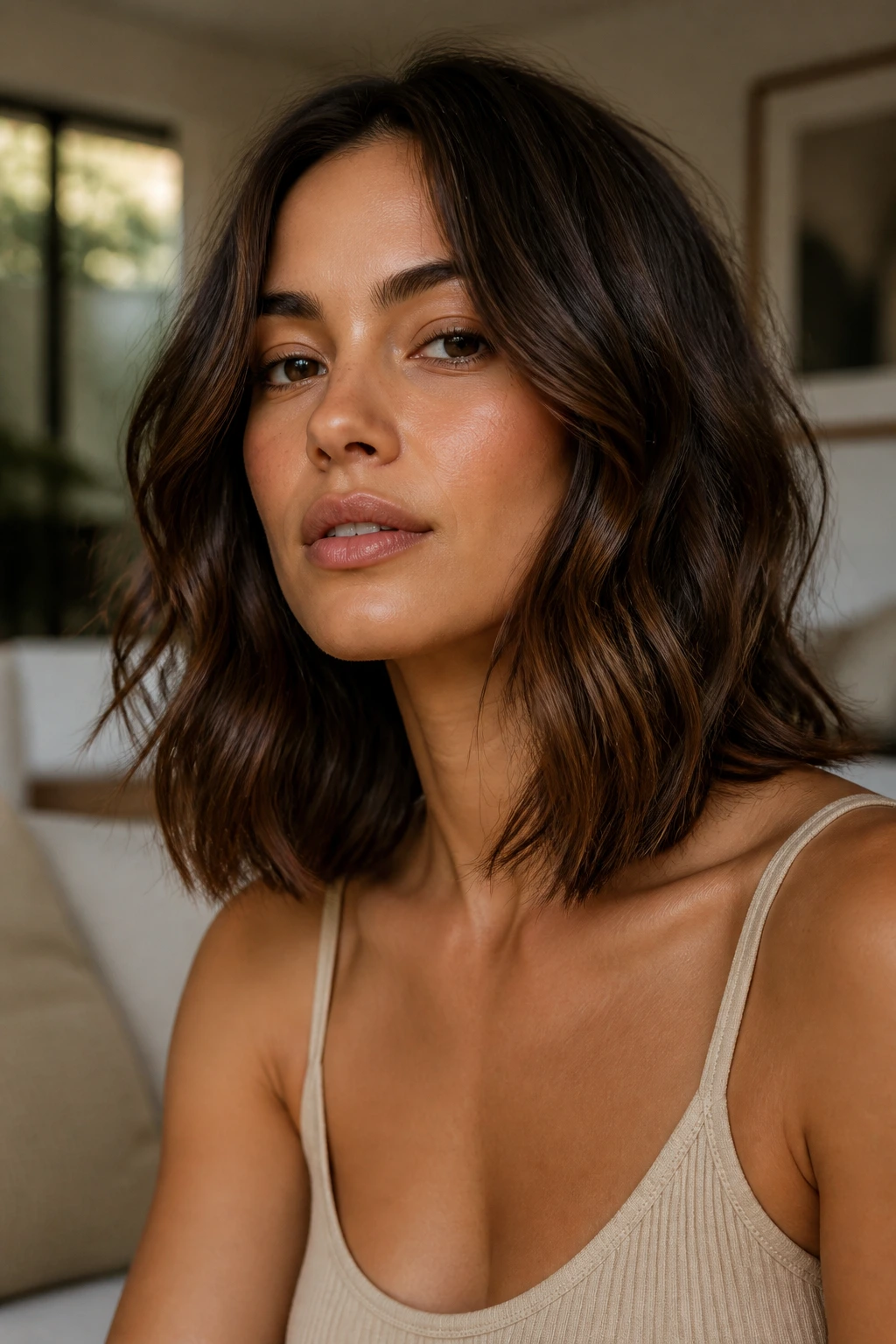 Portrait of a woman with collarbone-length lob and soft undone ends in chestnut brown