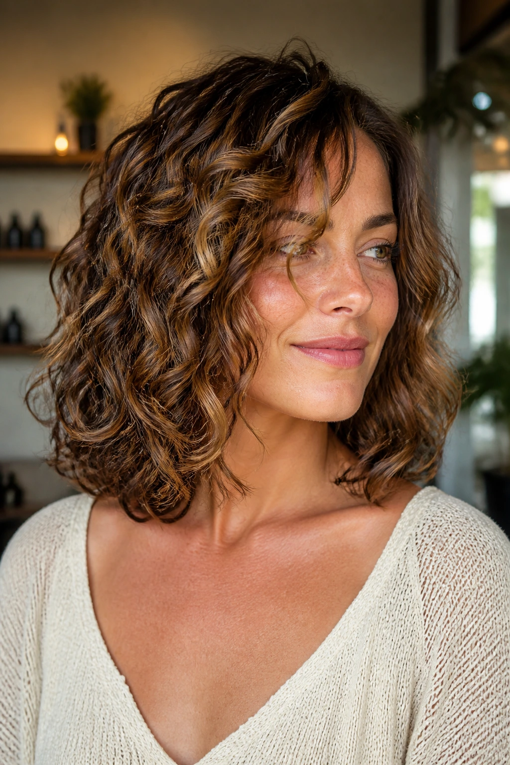 Close-up of collarbone-length curly lob with chestnut lowlights