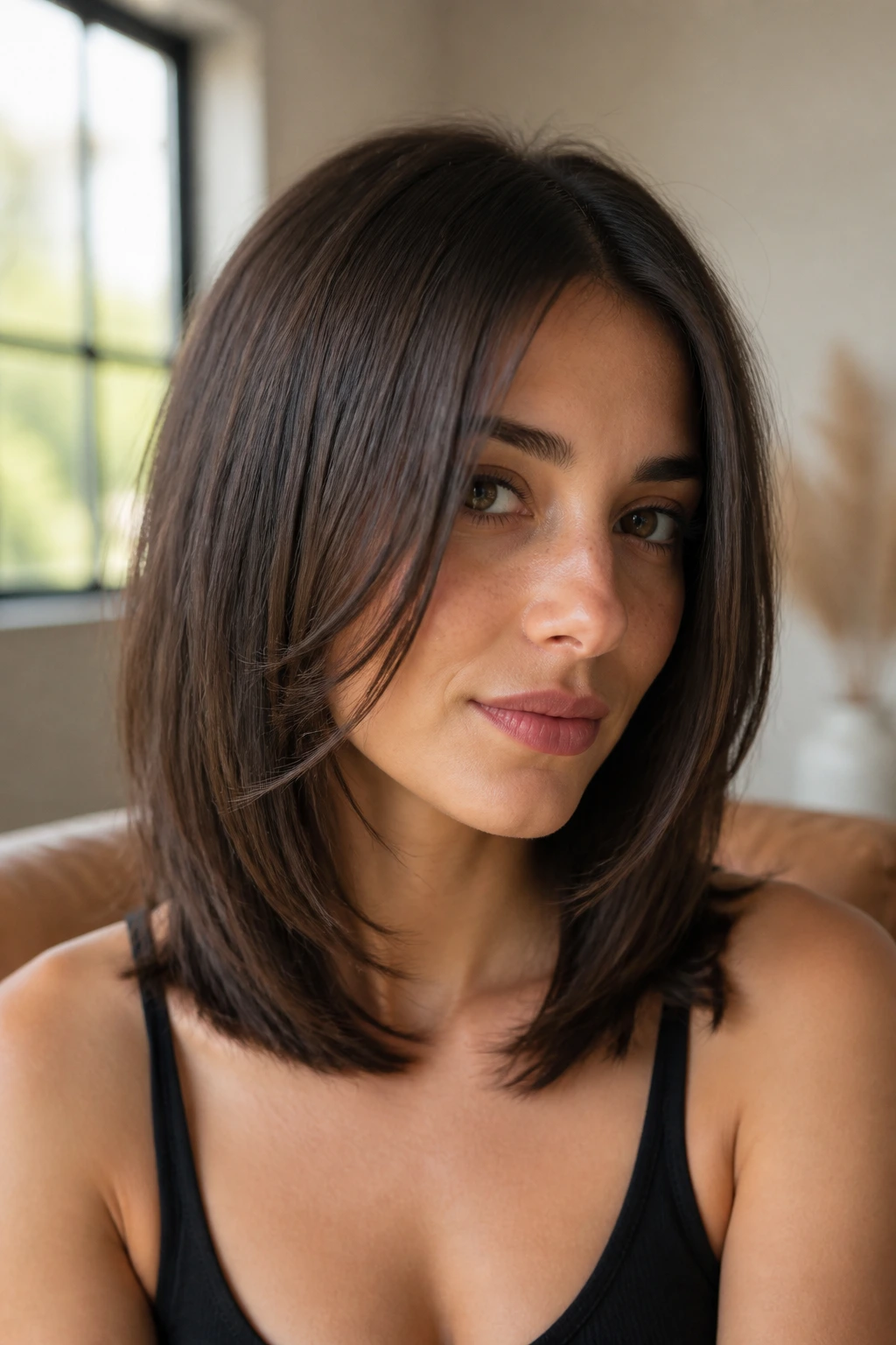 Close-up portrait of a real woman with collarbone-length lob and chin-hugging front pieces