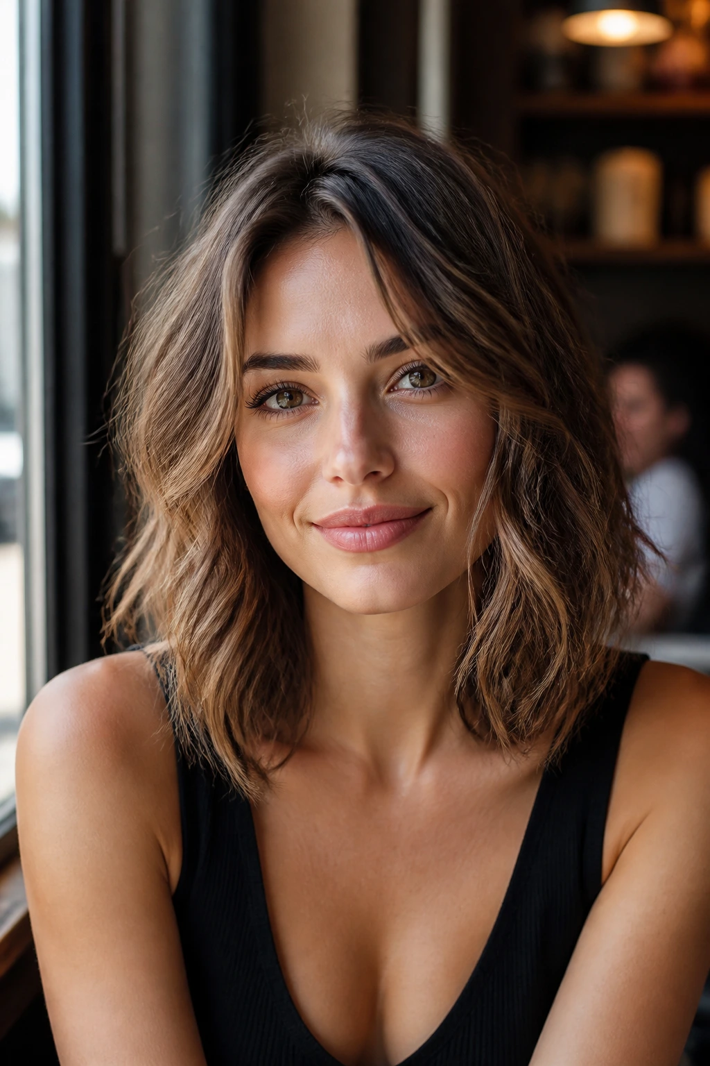 Portrait of a real woman with collarbone-length lob and choppy face-framing layers in cafe light