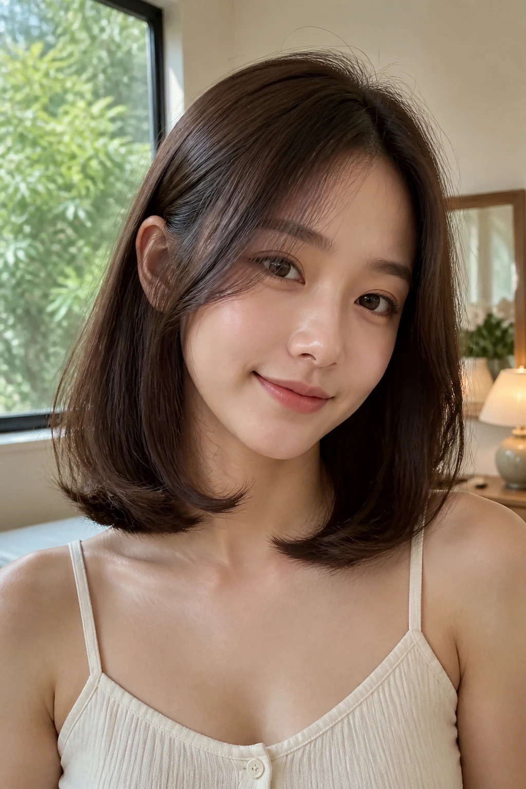 Portrait of a woman with collarbone-length lob and C-curl ends
