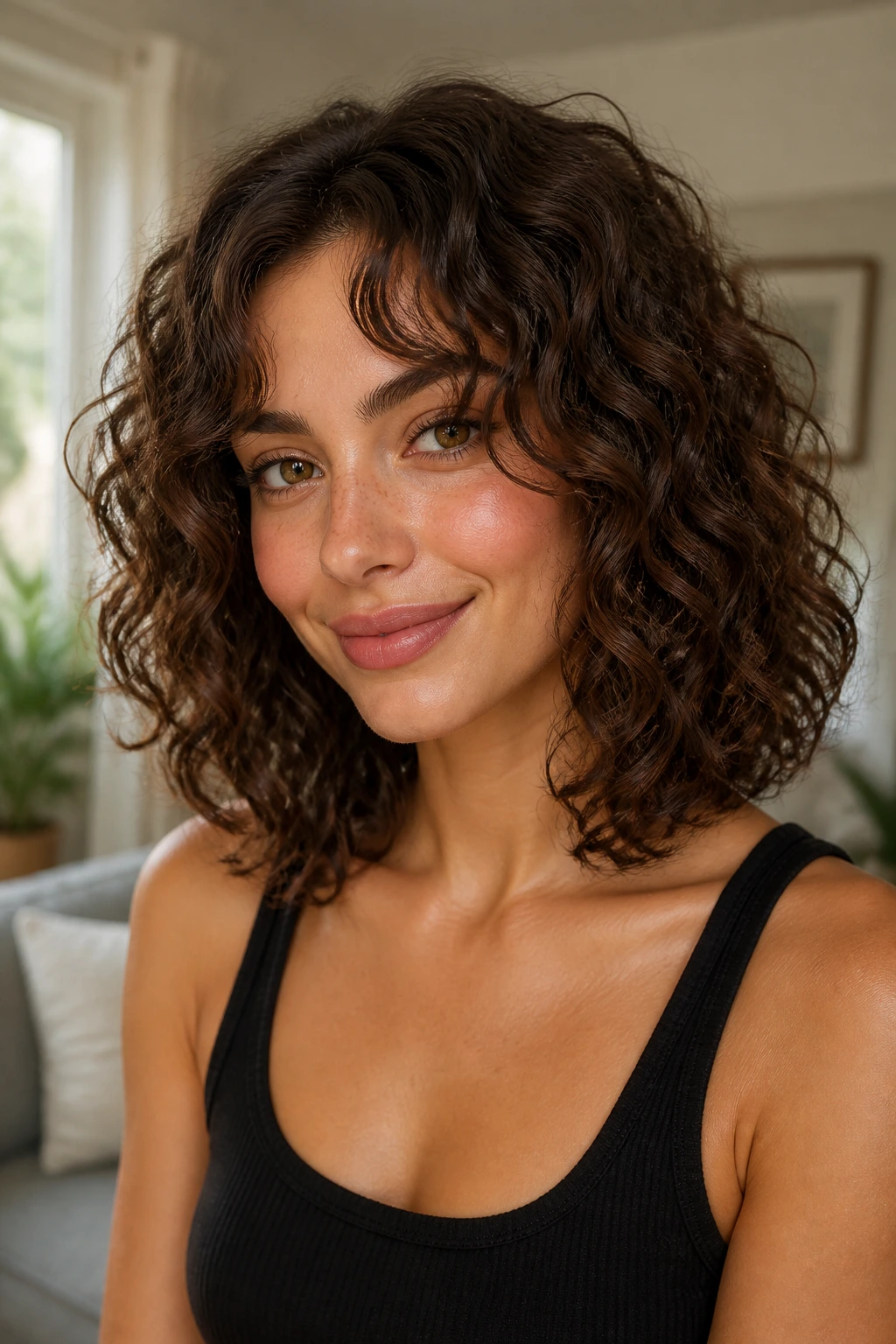 Close-up of collarbone-length curly hair with soft layers on a real person in a softly lit living room.