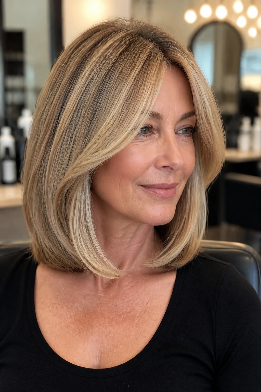 Real woman with collarbone-length lob and curtain bangs in a salon setting