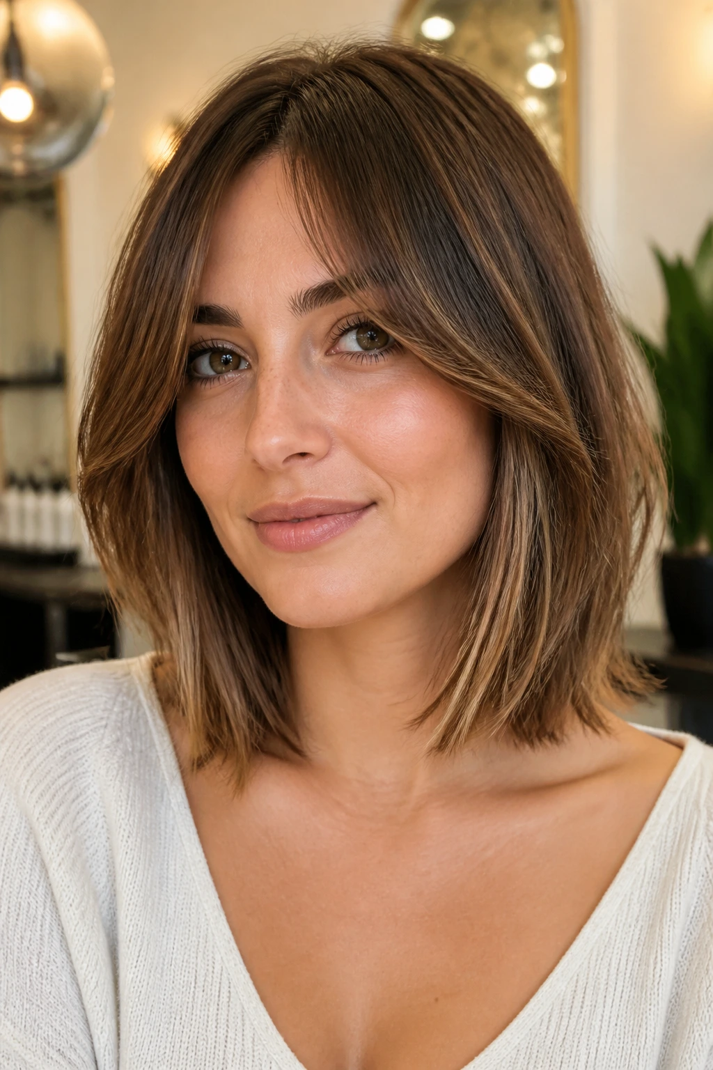Medium close-up of a real person with collarbone-length lob and curtain bangs