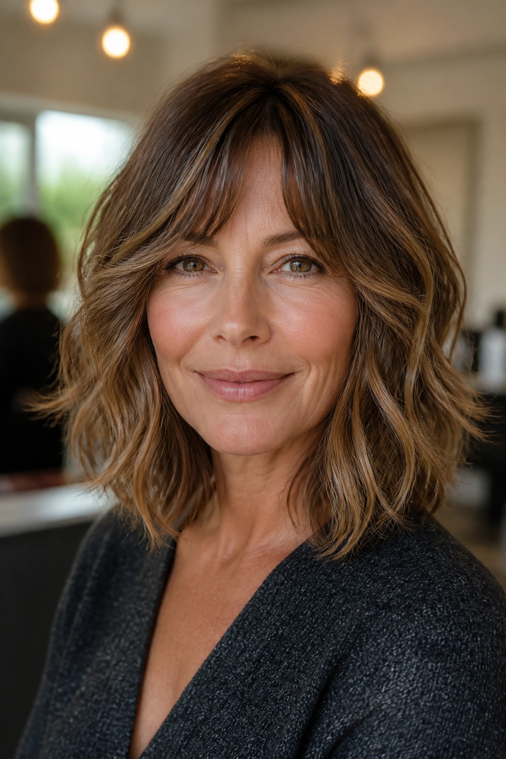 Portrait of a real woman with a shoulder-length wavy lob and soft curtain bangs