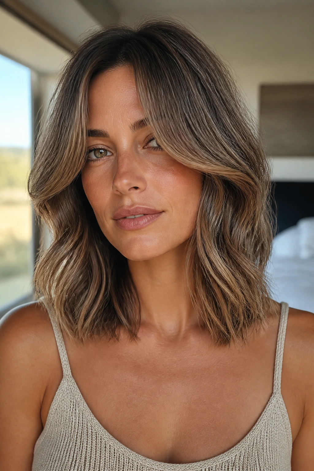 Close-up portrait of woman with collarbone-length lob and long curtain bangs