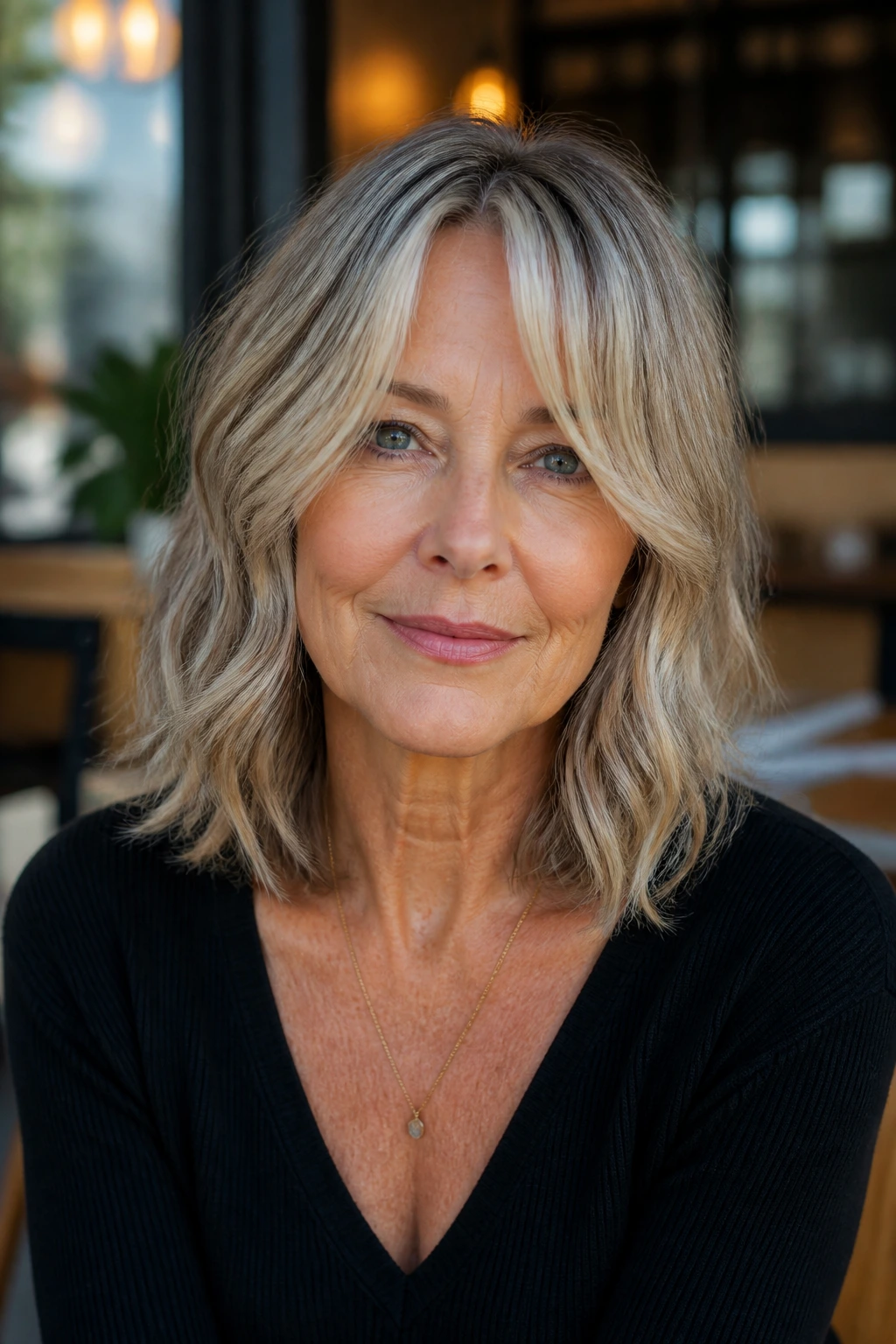 Close-up of a woman with collarbone-length lob and curtain bangs