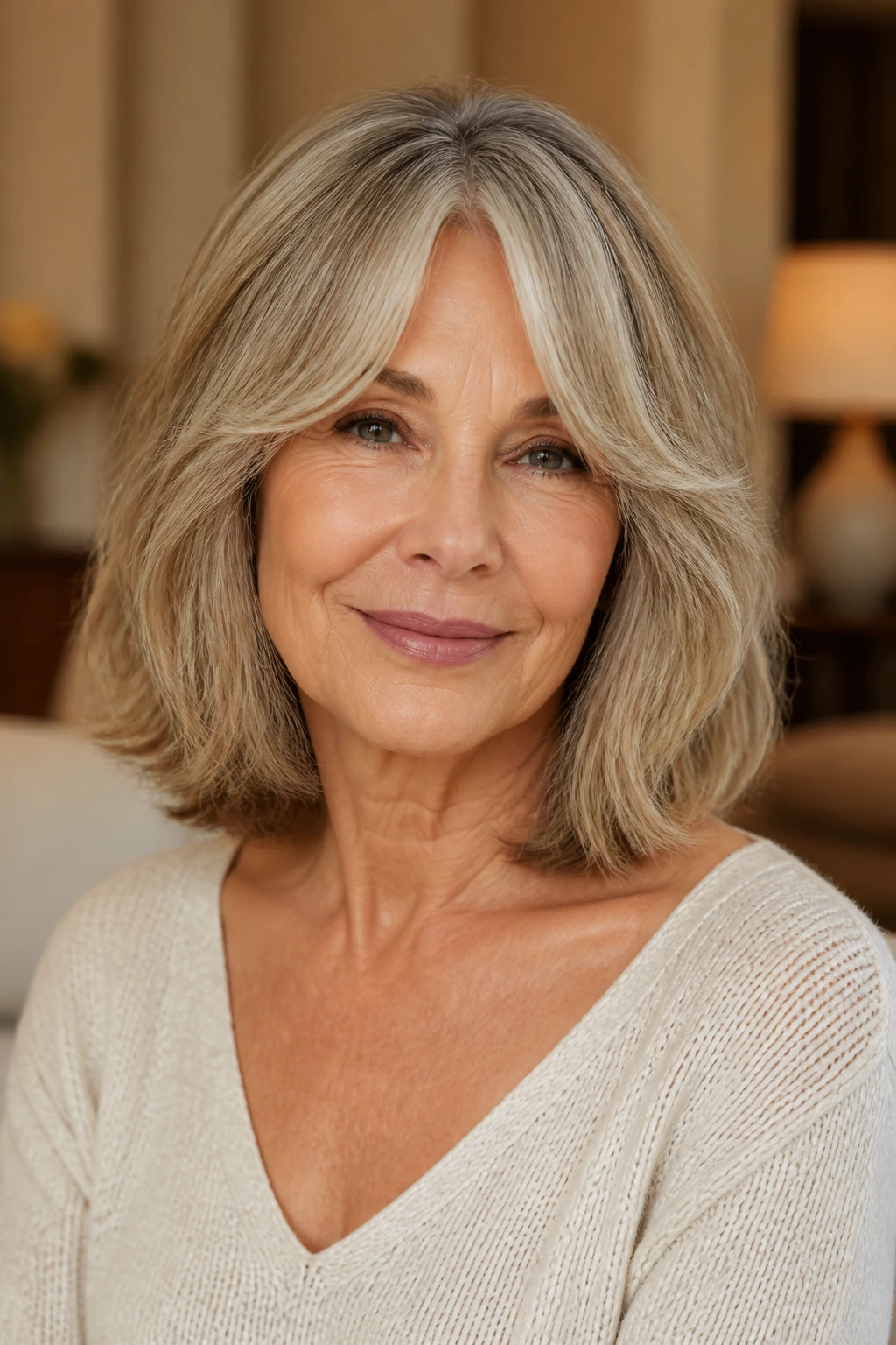 Real woman with collarbone-length lob and curtain bangs