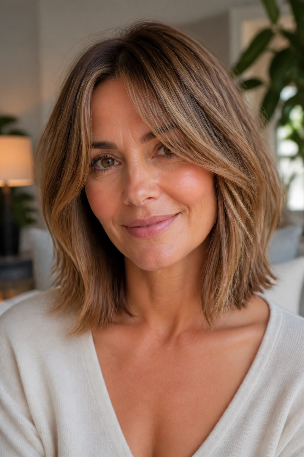 Close-up of a woman with collarbone length lob and curtain bangs on a heart-shaped face