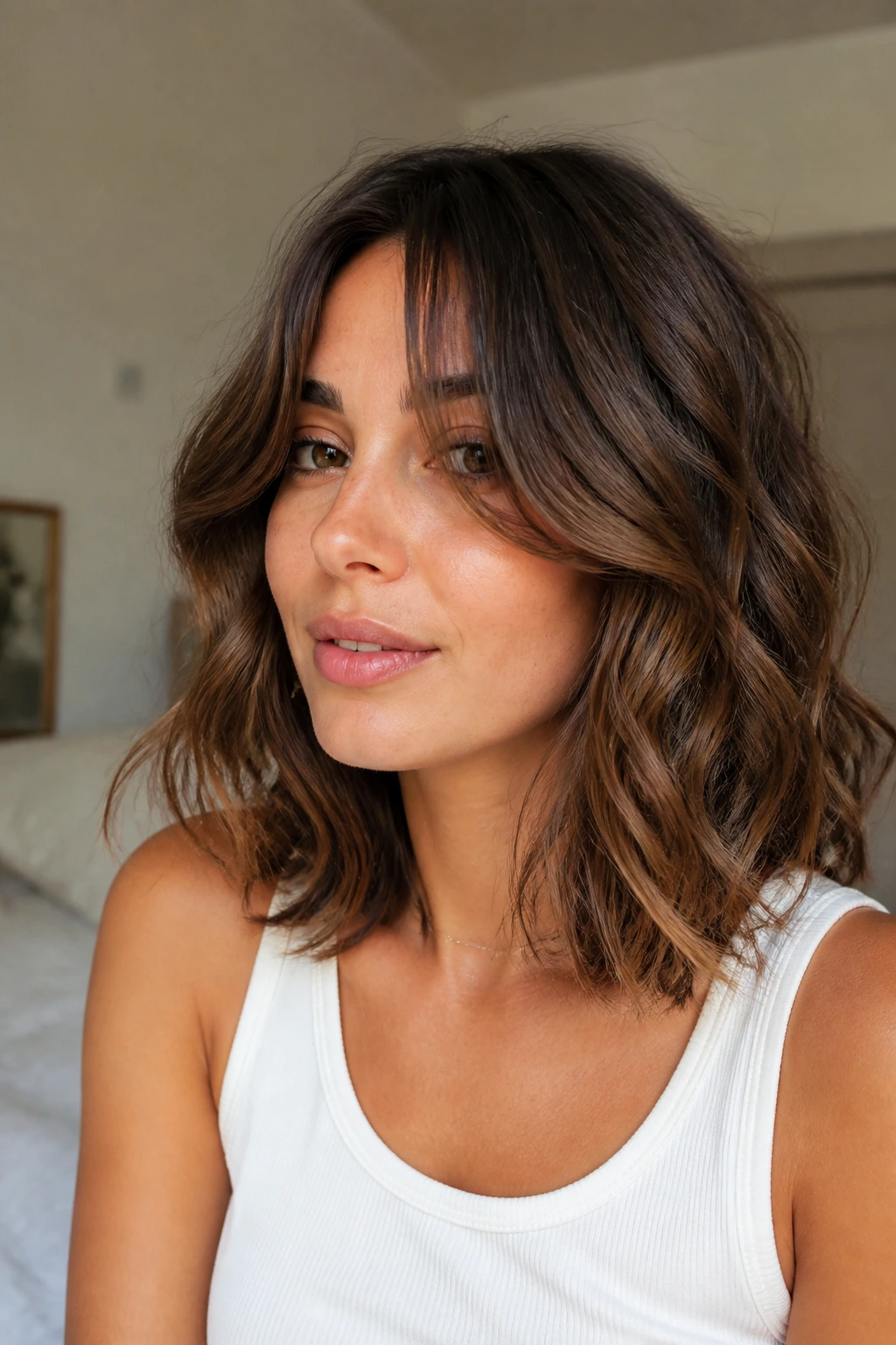 Close-up of a real woman with collarbone-length lob and curtain bangs.